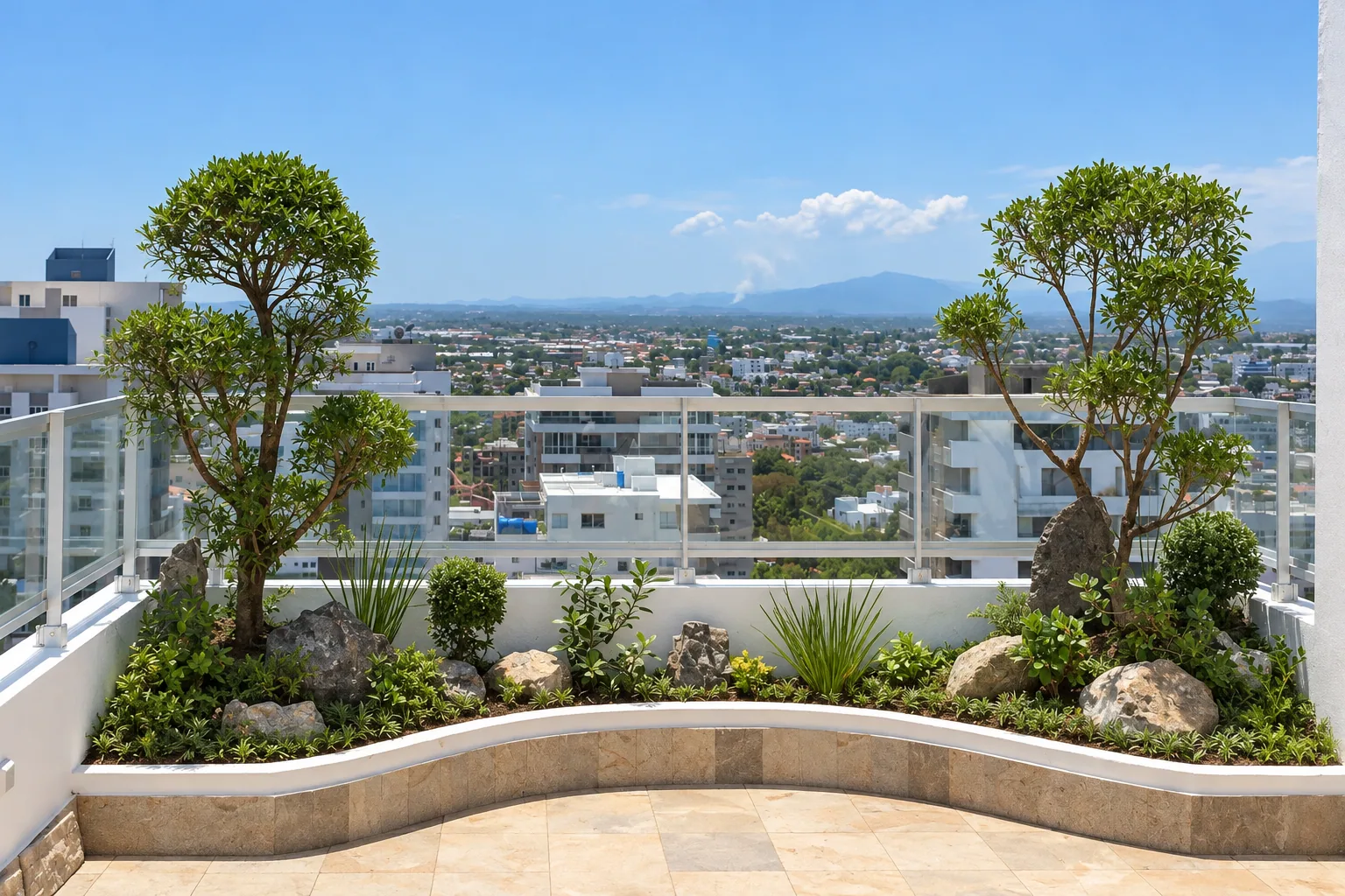 Jardín en terraza con árboles podados, plantas ornamentales y rocas