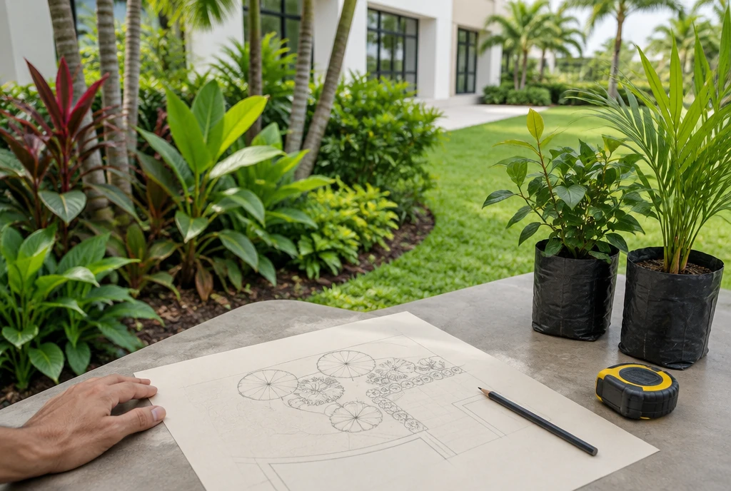 Ilustración de una mesa de planificación junto a un jardín tropical